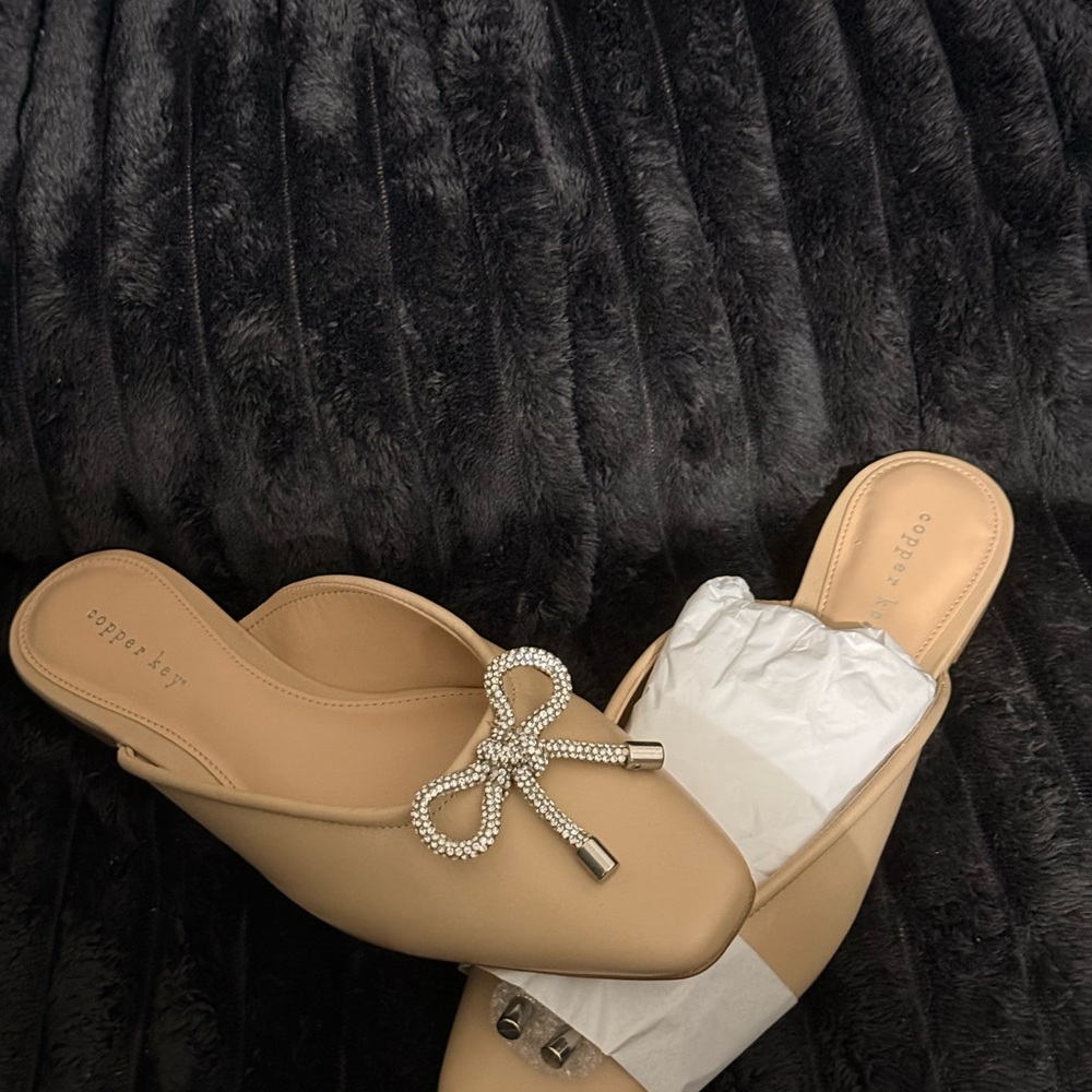Copper Key Tan Slip-On Mules with Rhinestone Bow